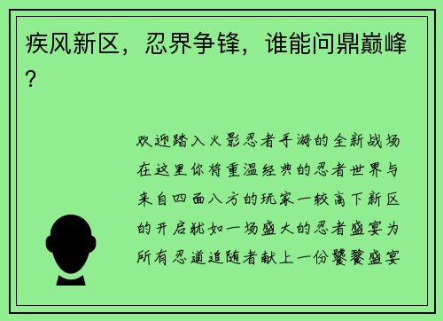 疾风新区，忍界争锋，谁能问鼎巅峰？