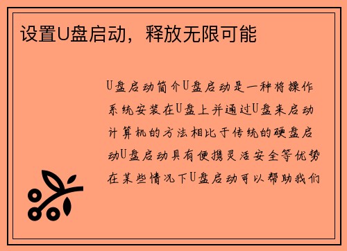 设置U盘启动，释放无限可能
